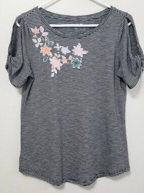 LOFT | Floral Embroidered Striped T-Shirt Tee S